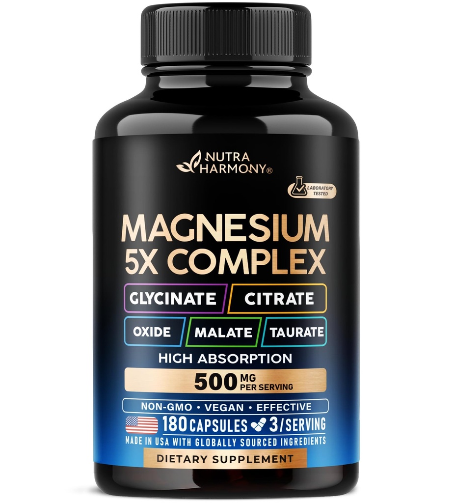 Magnesium Supplement - 5 in 1 Complex | Glycinate | Citrate | Malate | Taurate | Oxide - Made in USA - Stress, Muskel- und Herzunterstützung - Vegan, Natural, Non-GMO - 180 Kapseln, 2 Monate Versorgung