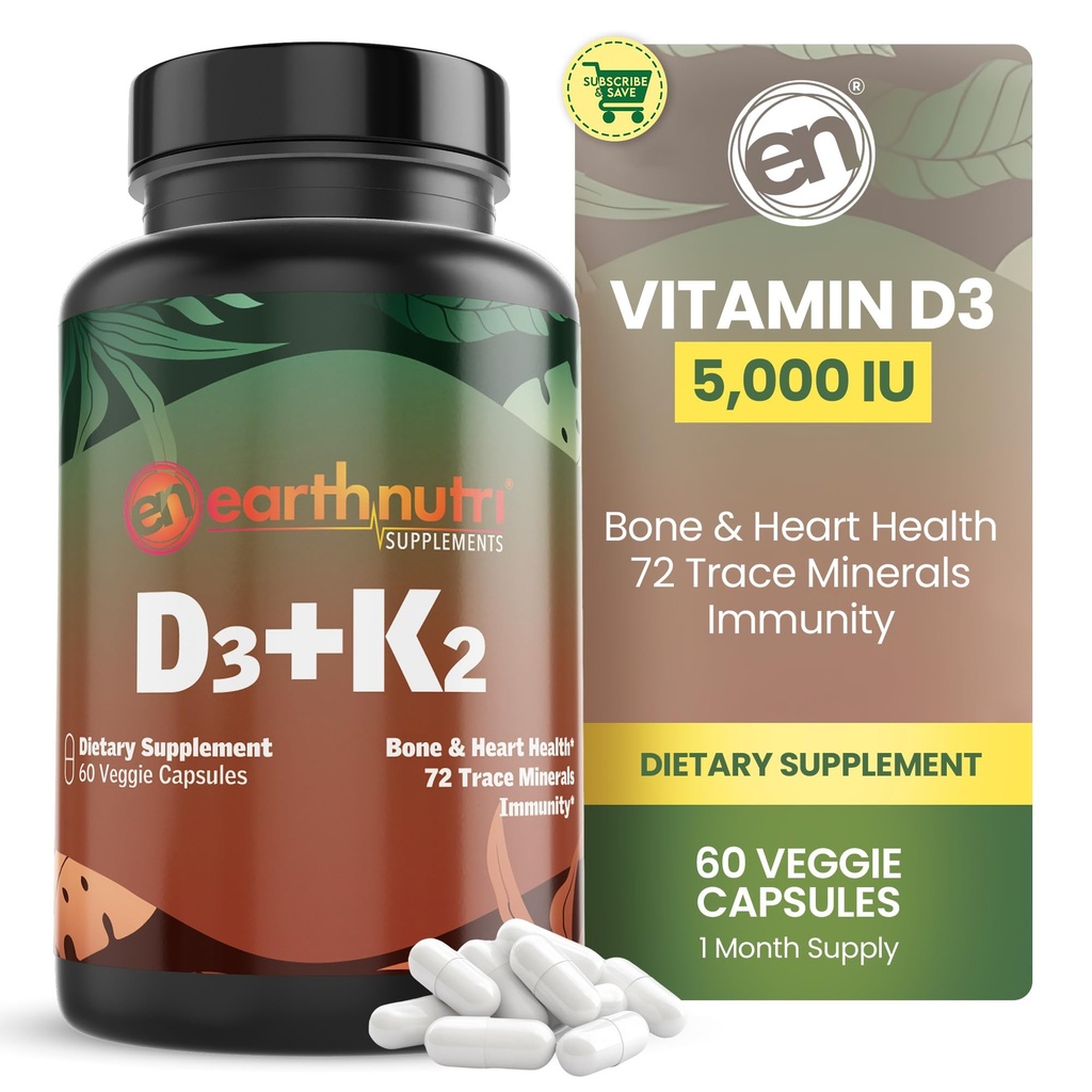 EarthNutri Vitamin D3 K2 Supplement 5000 IU – Enthält K2 von MENA Q7, D3 von Vitashine, Calcium von Aquamin & 72 Trace Minerals – für Immun-, Knochen- und Herzgesundheit – Non-GMO – 60 Veg Kapseln