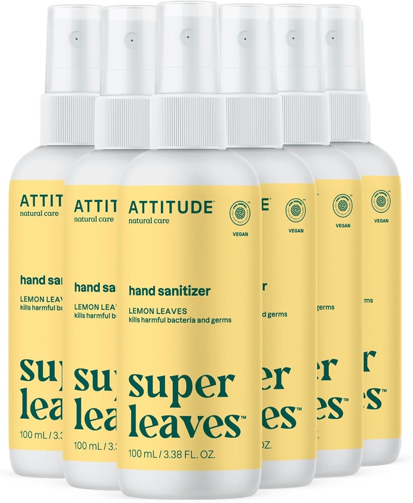 ATTITUDE Handzerstäuber Spray für Erwachsene und Kinder, Expertengruppe Verified, Kills Bacteria and Germs, Vegan, Zitronenblätter, 3.38 Fl Oz (Spray Bottle) (Pack mit 6)