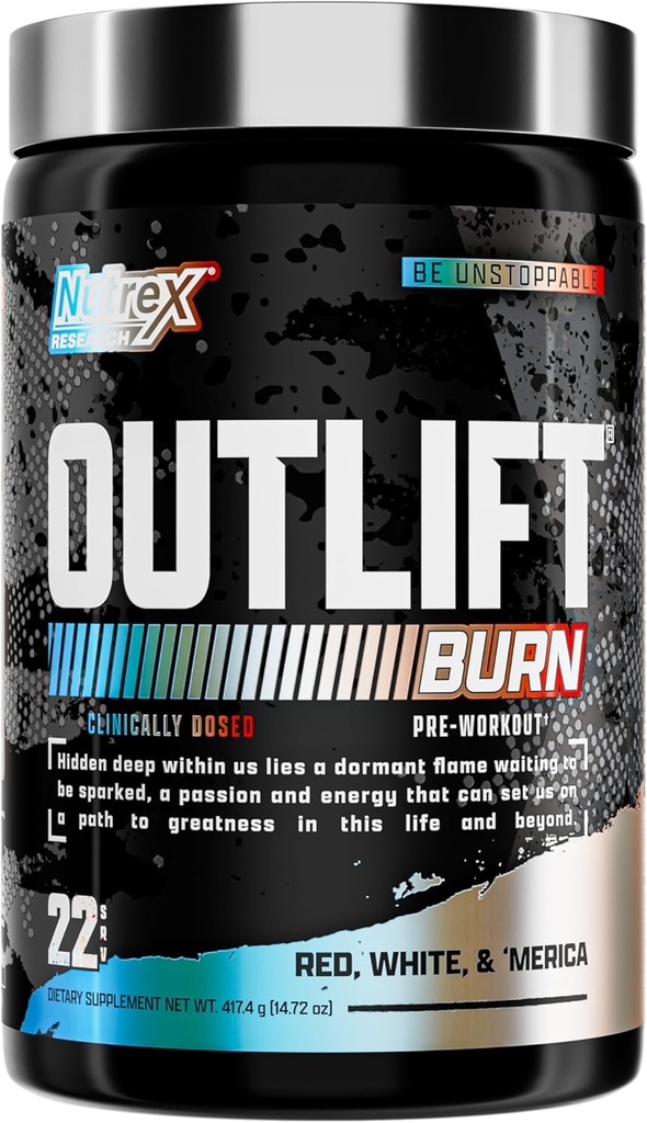 Nutrex Outlift Burn Pre-Workout Supplement für Energie, Fokus & Endurance | Metabolyte, L-Citrulline, Beta-Alanine & Caffeine | Thermogenic Formula for Performance(22 Servings, Red White Merica)