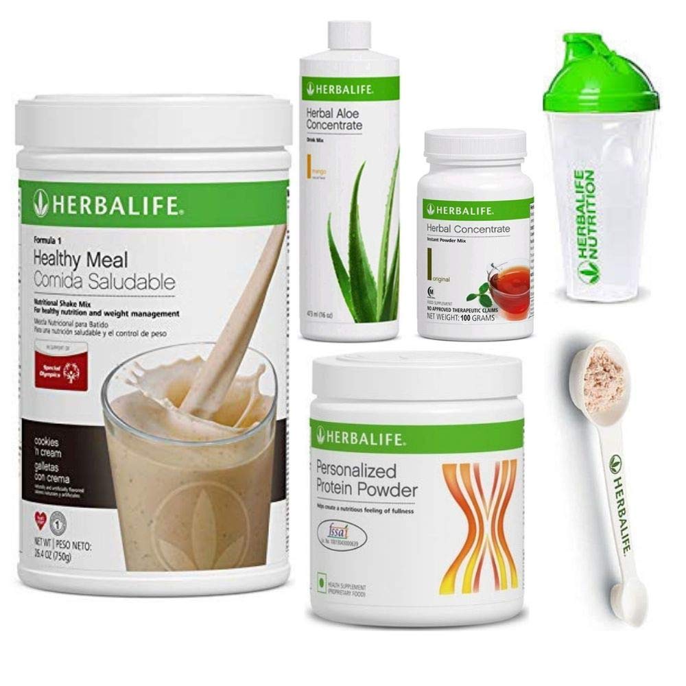 Herbalife Shake Healthy Meal Kit | Cookies und Creme Formel 1 + Kräuter Aloe (Mango) + Kräutertee Konzentrat + Proteinpulver + Shaker Cup & Spoon