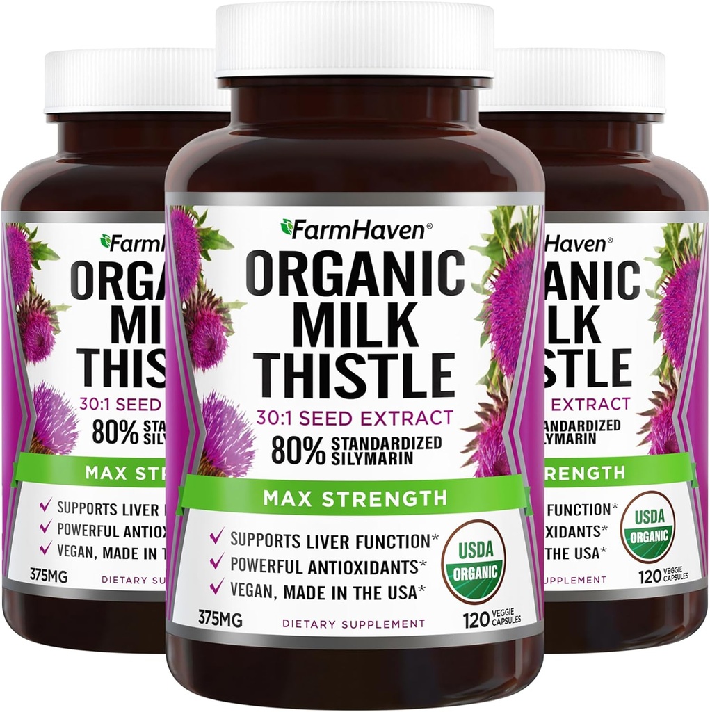 FarmHaven USDA Organic Milk Thistle Capsules | 30X Concentrated Seed Extract & 80% Silymarin Standardisiert - Unterstützt Liver Function und Gesamtgesundheit | Non-GMO | 360 Vegan Capsules