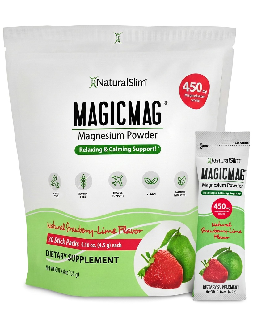 NaturalSlim MagicMag Magnesium Packets 30 Stick Pack Magnesium Citrate Pulver – Stress, Verstopfung, Muskel, Herzgesundheit und Schlafunterstützung | Natürliche Erdbeere & Lime Flavored Magnesium Supplement