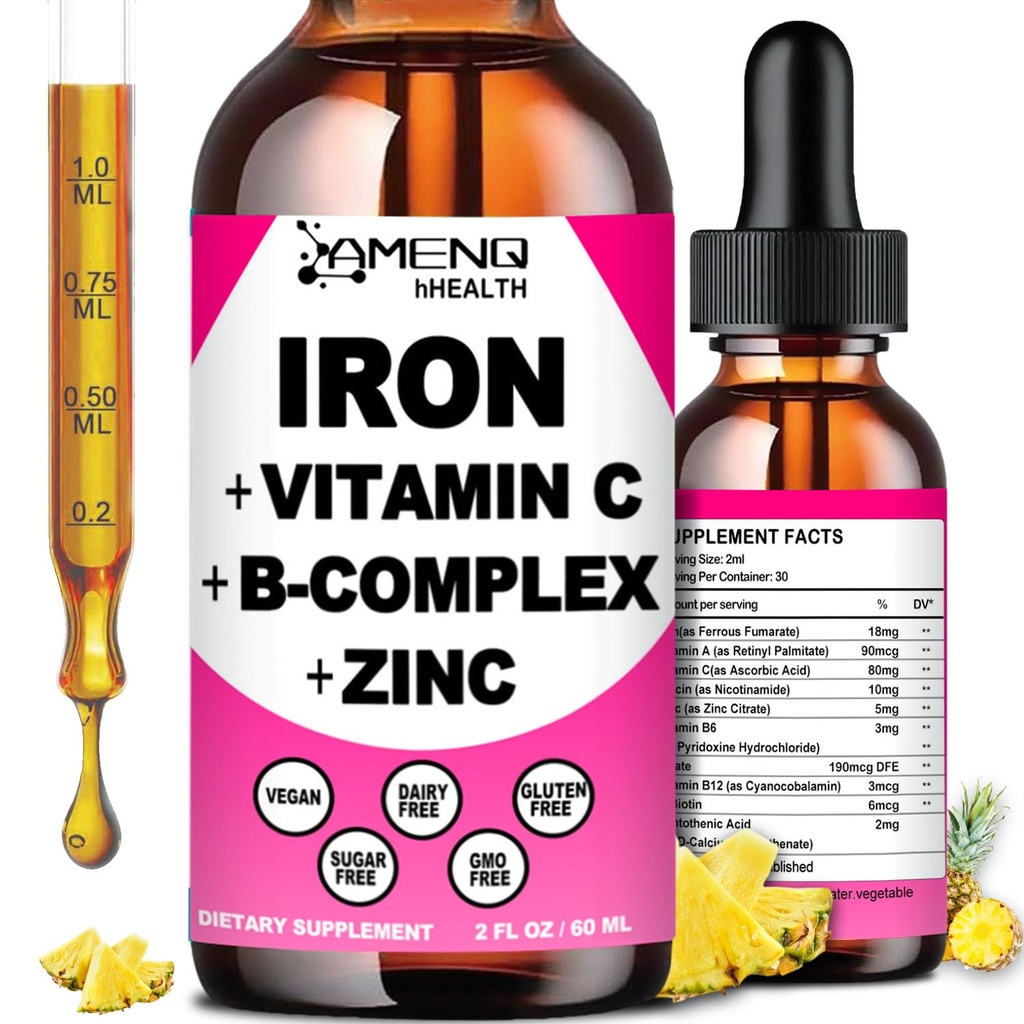 Eisen Ergänzung für Frauen Männer & Kinder, Eisen Vitamin C, A, B-Komplex, Vegan Eisen Tropfen hohe Potenz flüssige Vitamin & Eisen Ergänzungen für Anämie, Rote Blutzelle, Energie, Blut Builder, Gentle