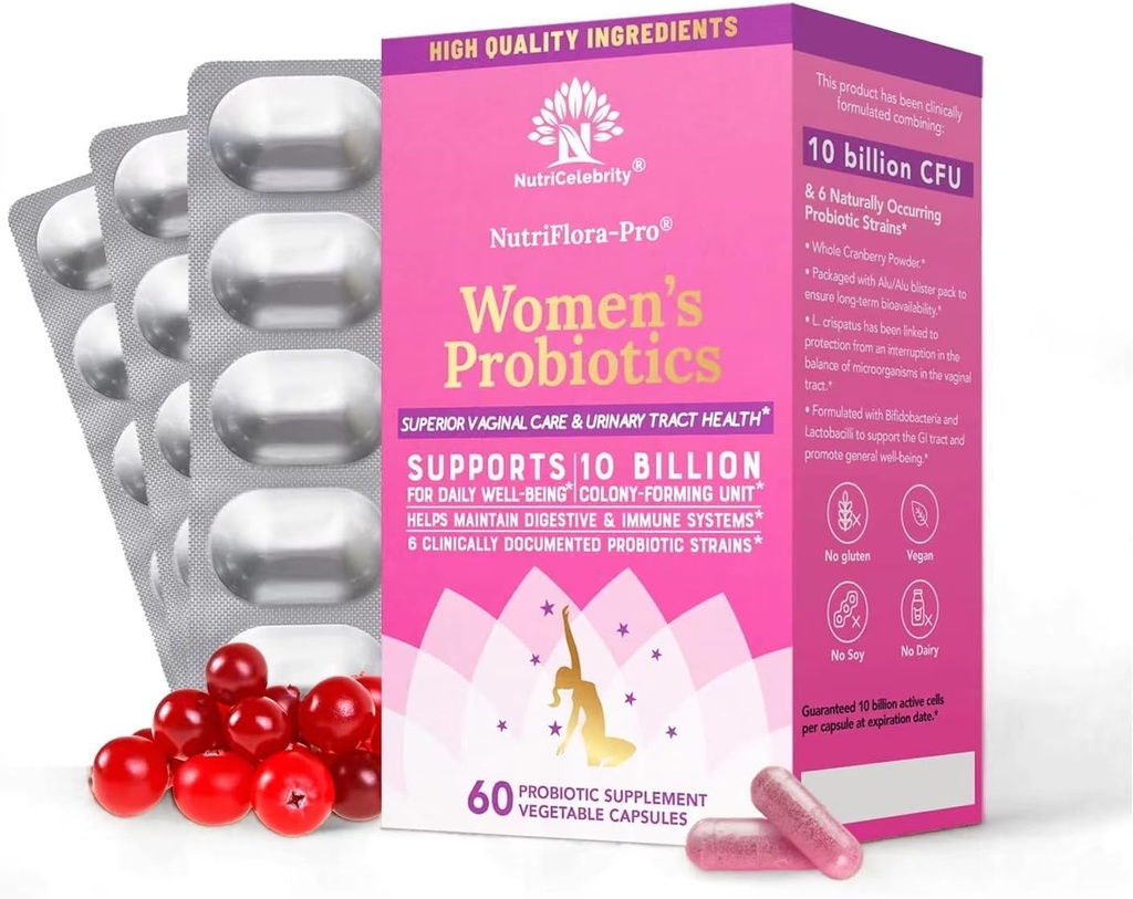 Nutricelebrity NutriFlora-Pro Probiotics für Damen - Unterstützung Vaginal, Urinary Health, Immunsystem Verdauungssystem Unterstützung, Cranberry Pills Supplement, 10 Billion CFU 6 Strains (30 Caps) - 2 Pack