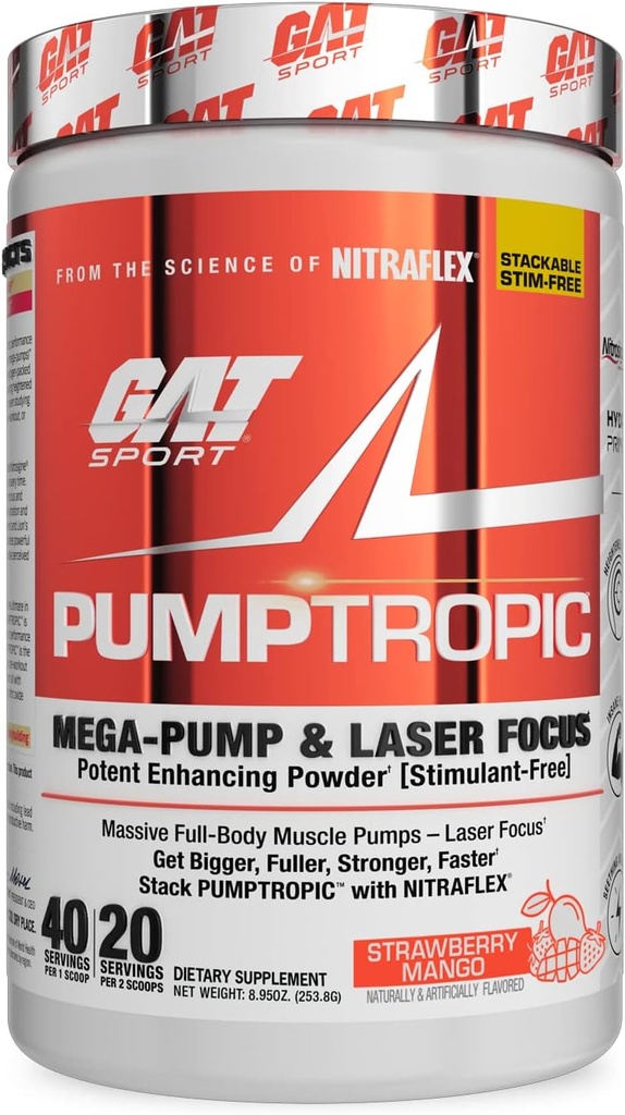 GAT Sport Pumptropic Mega-Pump & Laser Focus Potent Enhancing Powder (Stimulant-Free), 40 Portionen (Strawberry Mango)