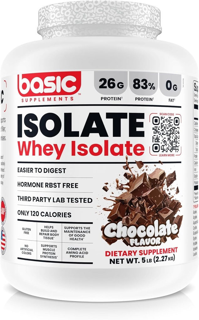 Basic Whey Protein Isolate, 26g Protein, 0g Fett, Glutenfrei, RBST-frei, schnelle Absorption, 120 Kalorien (5 Pfund, Schokolade)