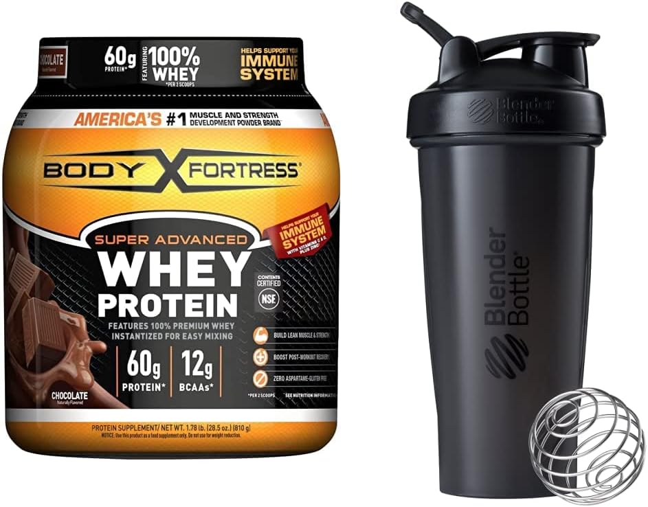 Body Fortress Super Advanced Whey Protein Powder, Schokolade (1.78 lbs) und BlenderBottle Classic Shaker Bottle (28 oz), Schwarz