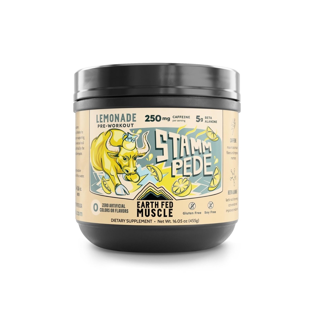 Earth Fed Muscle Stammpede Pre Workout Powder, Lemonade Flavor, 250mg Caffeine Powder, 5g Beta Alanine, Citrulline, Taurine & Tyrosine, Gluten & Sugar Free Pre Workout, Keto Friendly, 26 Servierungen