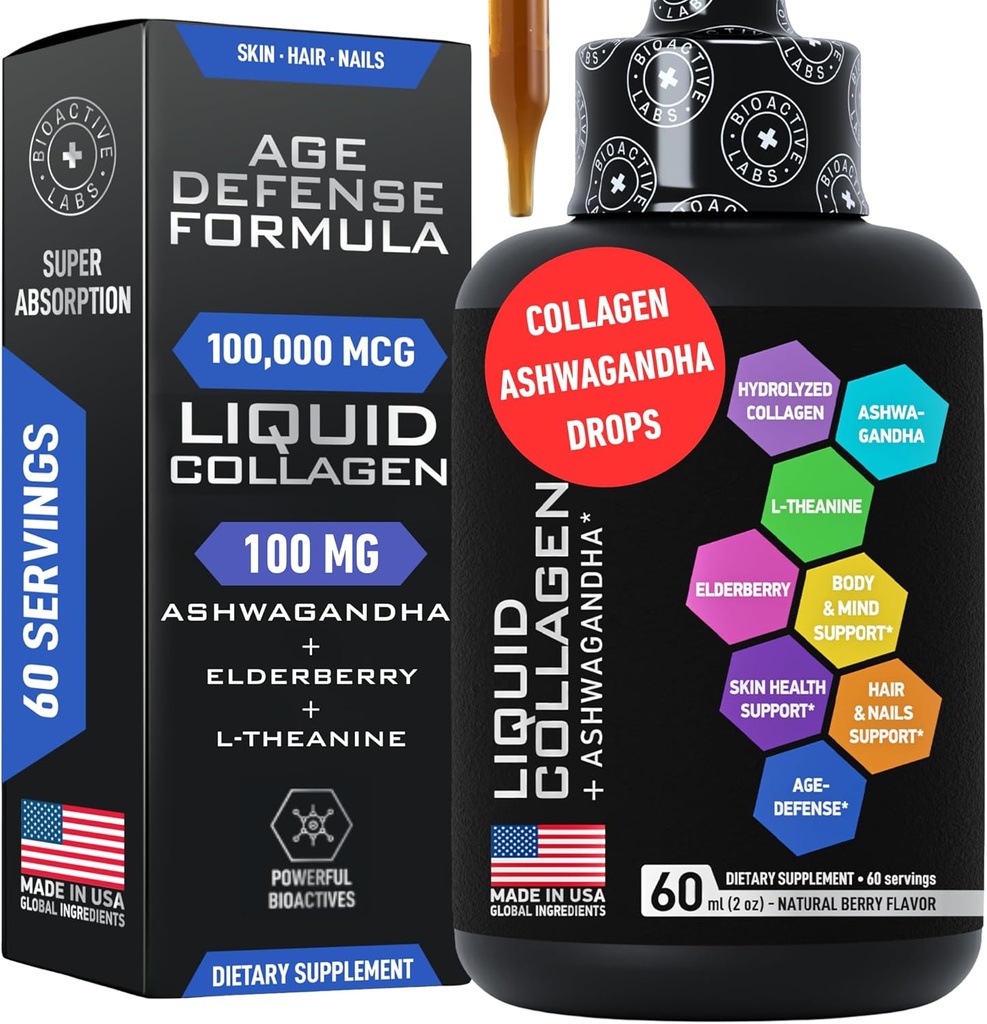 Flüssiges Kollagen für Frauen und Männer mit Calming Ashwagandha - 100.000mcg Bovine Collagen Drink, 100mg Ashwagandha Flüssigkeit für Radiant Haut, Haare, Nägel und Immununterstützung - 2oz Berry Flavor Tropfen