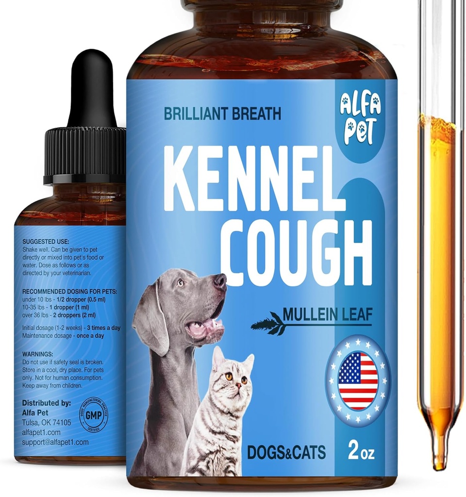 Hund Hustenbehandlung Flüssigkeit • Kennel Husten für Hunde & Katzen • zum Atmen während des gesamten Lebenszyklus • Marshmallow Root + Mullein Leaf in der Zusammensetzung • Natürliche Ergänzung für alle Rassen • 2 Oz