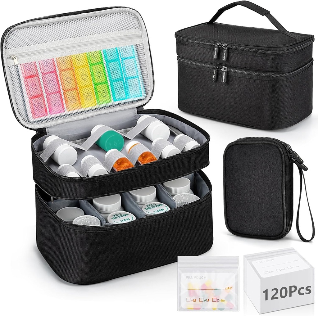 Medizin Organizer Tasche, Doppelschicht Pillen Flasche Speicher mit 120 Pillen Pouch Reise Baggies, Tragbare Medizin Aufbewahrungstasche für Pillen, Vitamine, medizinische Versorgung für Heimspeicher, Erste Hilfe