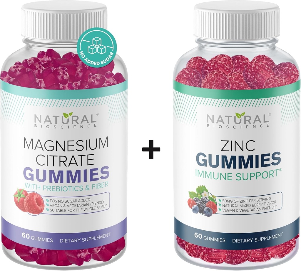 Zuckerfreie Magnesium-Gummien & extra Stärke Zink-Gummien, Vegan, Glutenfrei, Beruhigung, Muskel-Gesundheit, Immununterstützung, Haut-Gesundheit, Non-GMO, 60 Gummy Vitamine
