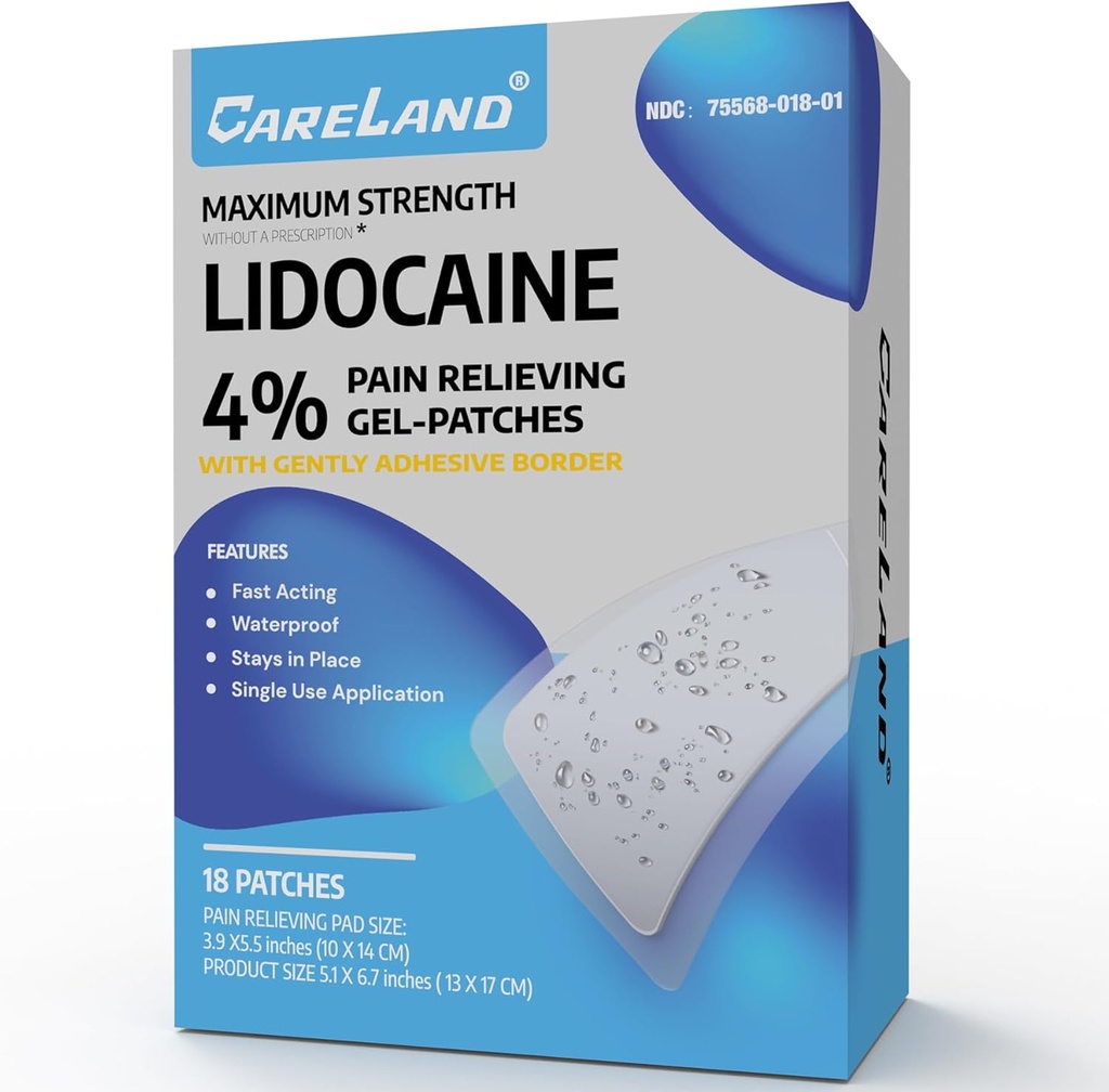CARELAND 4% Lidocaine Patches 18 Stk Wasserdichte maximale Stärke Rückenschmerzen Relief Produkte Aufnäher mit starken Adhesive Border, für Neck Knie Nerve Schulter Schmerz Relief Muscle Relaxer, Super Sticky