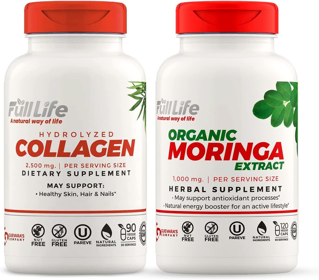 Full Life Hydrolyzed Collagen and Moringa Oleifera Capsules - Nahrungsergänzungsmittel - Bovine Collagen Pillen für Damen und Herren, Glutenfrei - Veggie Kapseln