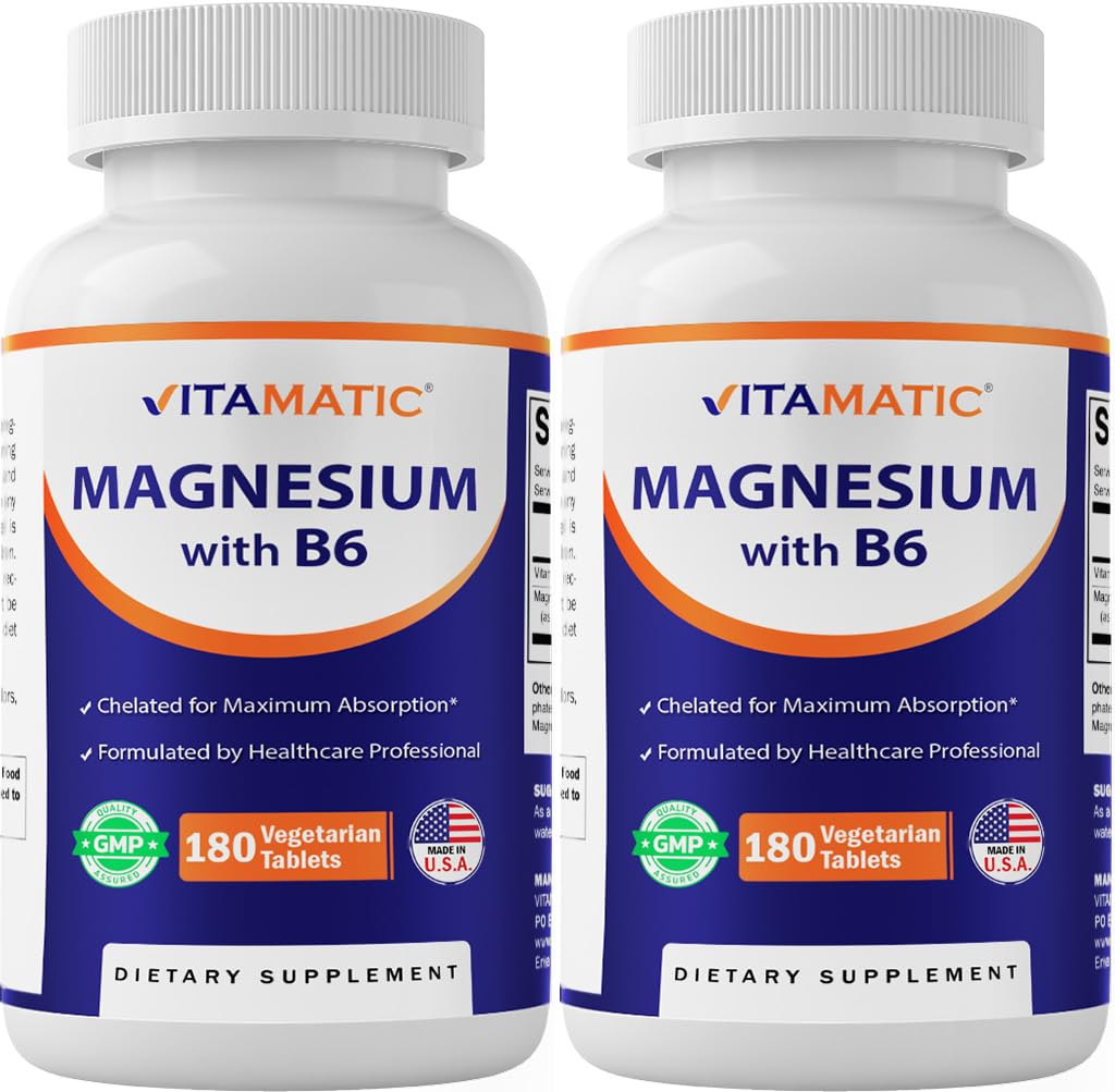 Vitamatic Magnesium mit B6-180 Vegetarische Tabletten (Unbeschichtet) - Hinzugefügt B6 für maximale Absorption - unterstützt Muskel, Gelenk und Herzgesundheit - 2 Pack