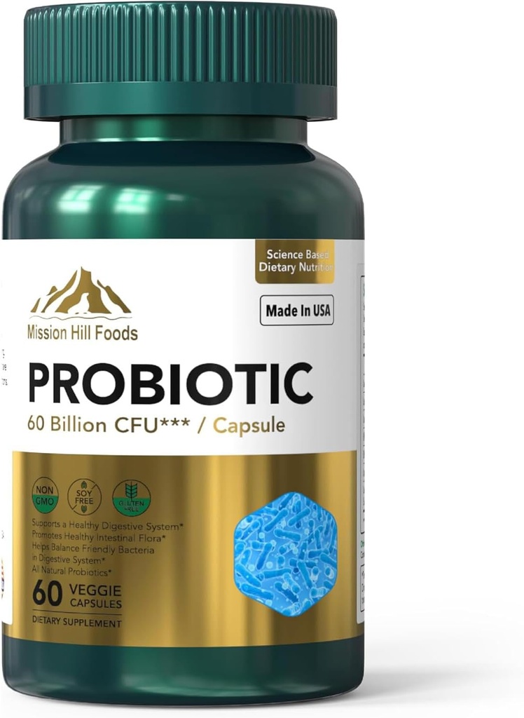 Probiotic 60 Billion CFU | Unterstützt Verdauungs- und Immungesundheit (1 Flasche-60 Kapseln-2mo Versorgung) | Enthält 7 natürliche Probiotische Straine | Non-GMO Gluten & Soy Free