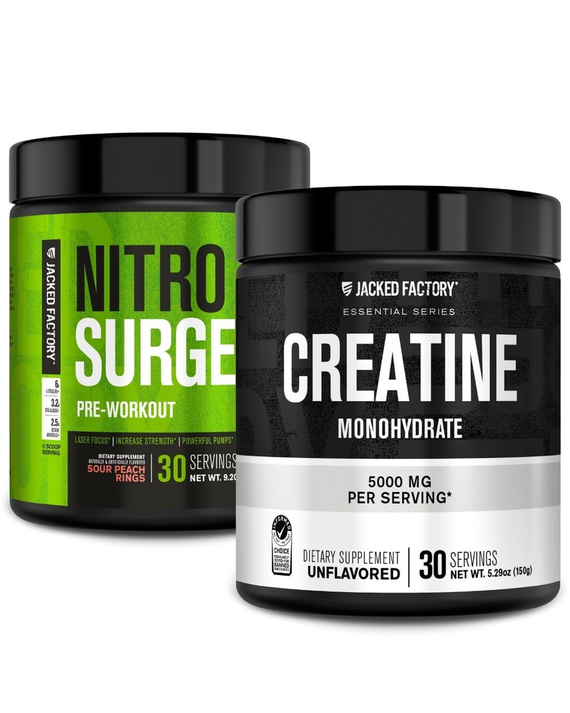 Jacked Factory NITROSURGE Pre Workout Supplement - Instant Strength Gains & Intense Pumps (30 Servierungen, Sour Peach Ringe) & Kreatin Monohydrat für Muskelwachstum (30 Servierungen, Unflavored)