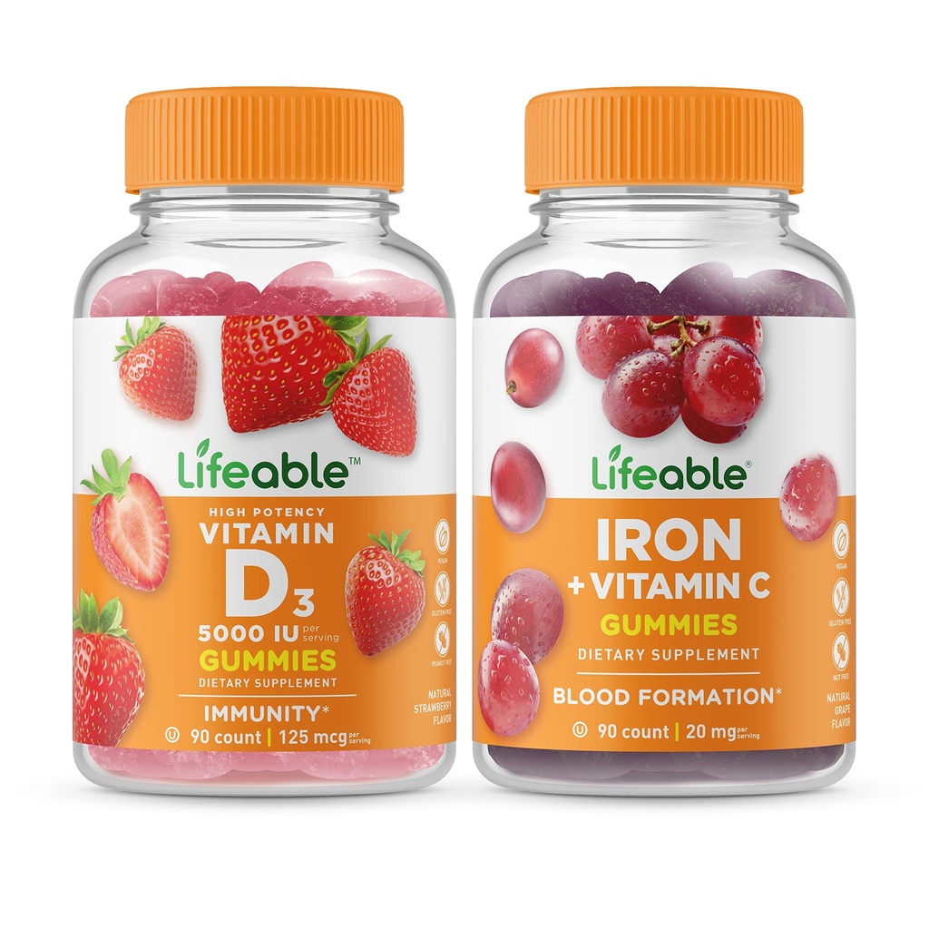 Lebensfähiges Vitamin D 5000 IU + Eisen mit Vitamin C, Gummis Bundle - Große Verkostung, Vitamin-Ergänzung, Glutenfrei, GMO frei, Kaugummi