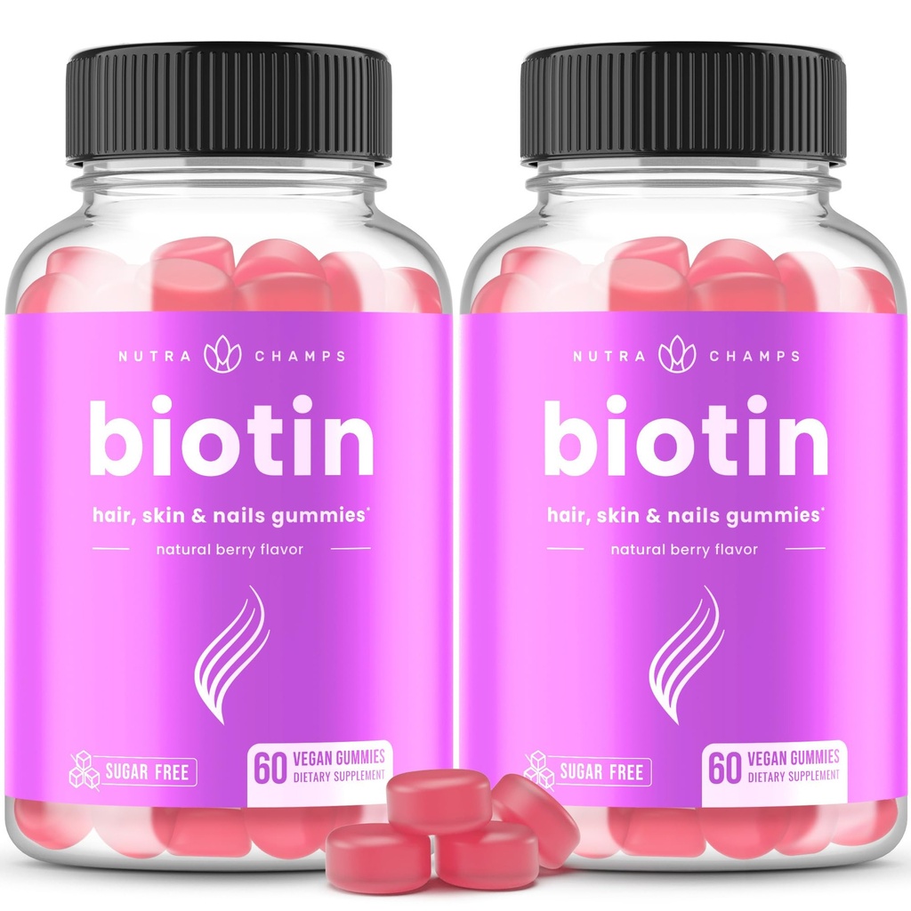 NutraChamps Sugar Free Biotin Gummies 10000mcg [High Potency] - Gesundes Haar, Haut und Nägel für Frauen, Männer und Kinder - 5000mcg in jeder Gummy - Vegan Hair Vitamin Healths Supplement - Raspberry (2-Pack)