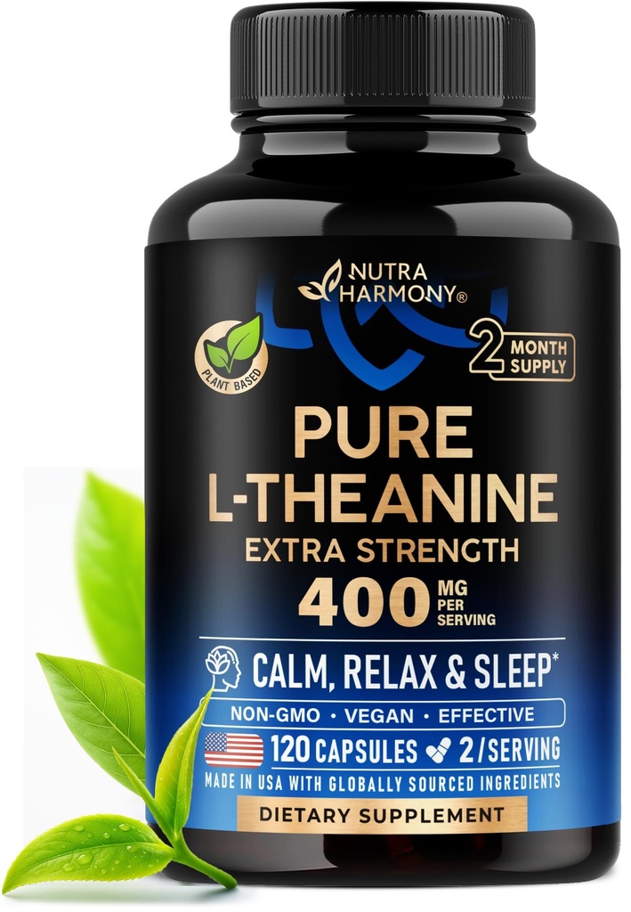 L Theanine 400 mg | L-Theanine Stress Relief | Extra Strength Supplement | Made in USA | Relaxation, Sleep & Calm Support | für Männer & Frauen | Plant Based, Non-GMO & Gluten-Free | 120 Vegan Kapseln