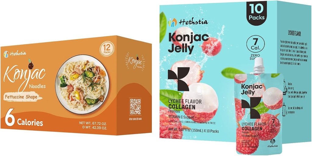 Hethstia Konjac Jelly Lychee Flavor mit Collagen Peptides 10 Packs und Konjac Fettuccine Gluten Free 12 Packs Low Calorie, Keto, Sugar Free, Healthy Food