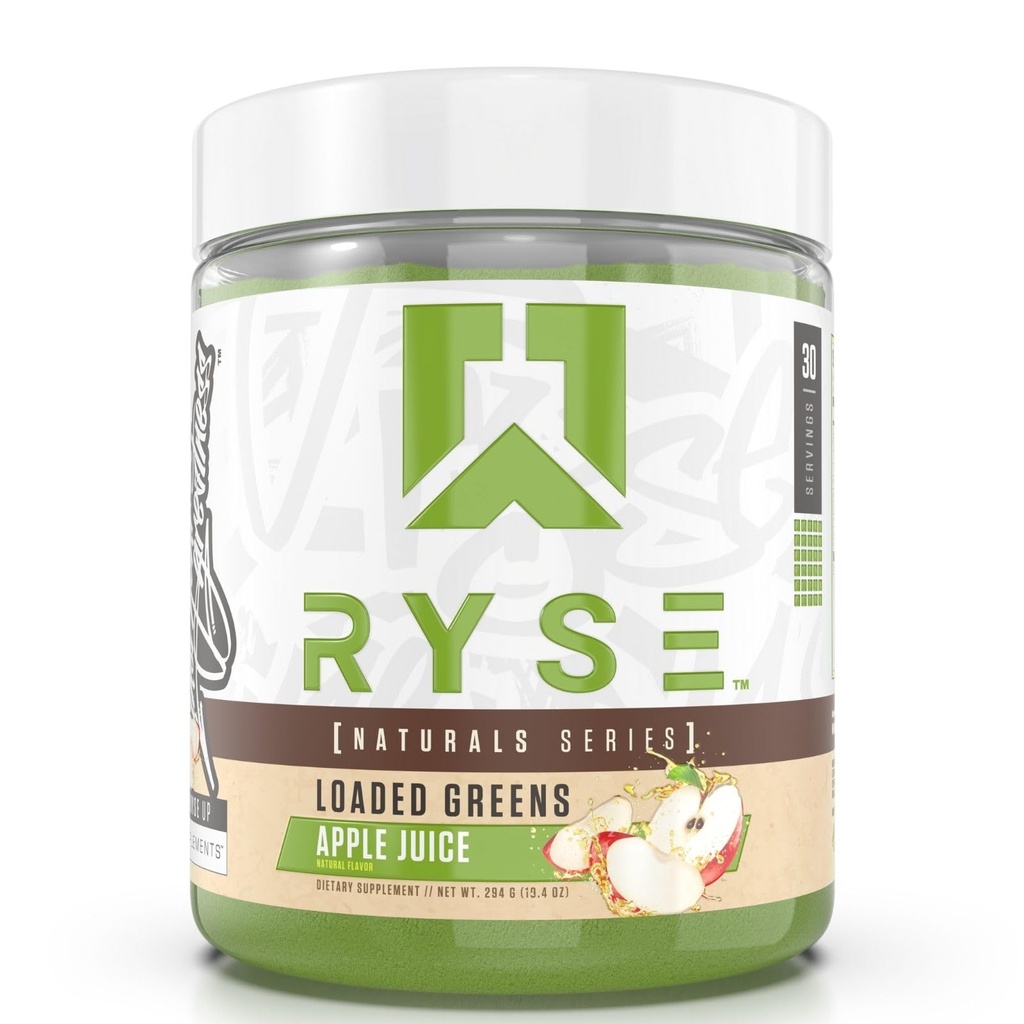 RYSE Loaded Greens Superfood Powder - Apfelsaft - Tägliche Ergänzung mit Greens Balance, BettaBerries & Sukre Fiber - Unterstützt Verdauung, Immunität & Energie - Keine künstlichen Süßungsmittel - 30 Servierungen