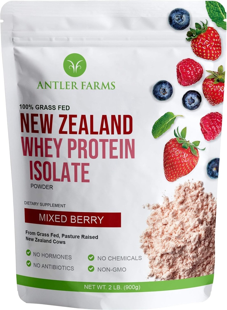 Geweihfarmen - 100% Gras Fed Neuseeland Whey Protein Isolate, Gemischte Berry Flavor, 30 Servierungen, 2 lbs - Köstlich, kalt verarbeitet, schnell absorbiert, Keto Friendly, NO-Hormones, NO-GMOs