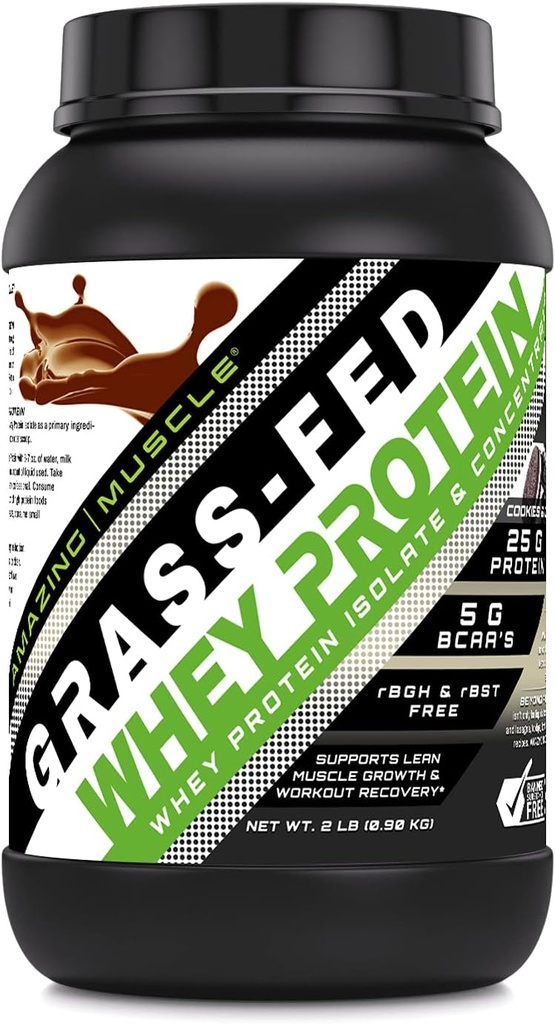 Amazing Muscle Grass-Fed Whey Protein Supplement | 25 G per Servieren | Cookies & Cream Flavor | 2 Lb (0.90 Kg) | Non-GMO | Gluten-Free | Made in USA