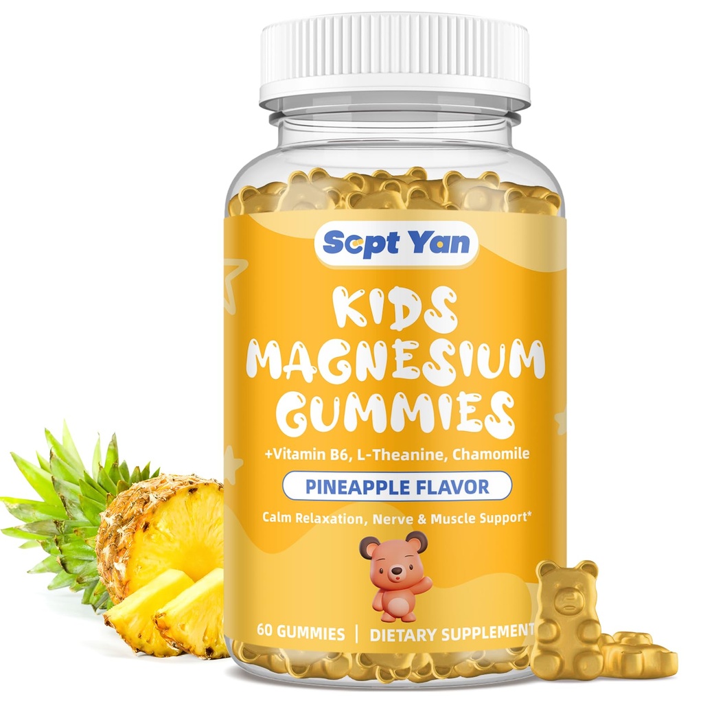 Magnesiumgummis für Kinder - Magnesium-Zitrat-Ergänzung mit Vitamin B6, L-Theanin, Kamille & Zitronenbalsam - ruhiges Magnesium für Kinder & Erwachsene Schlaf, Entspannung, Ananas Flavor 60 Gummi