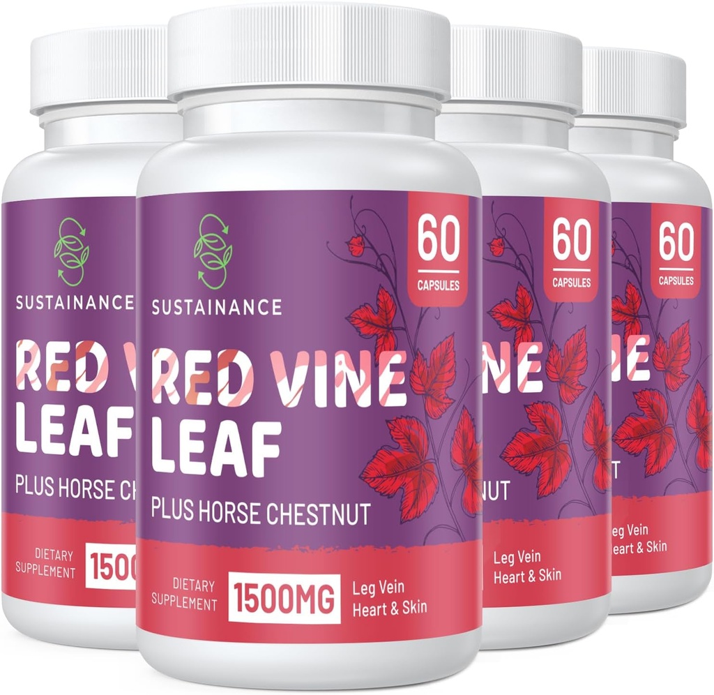 Rote Vine Blatt Extrakt 1400mg & Pferde Chestnut Extrakt 100mg Beilage für Leg, Vein, Zirkulation, Herz, Haut (60 Kapseln - 4 Flaschen)