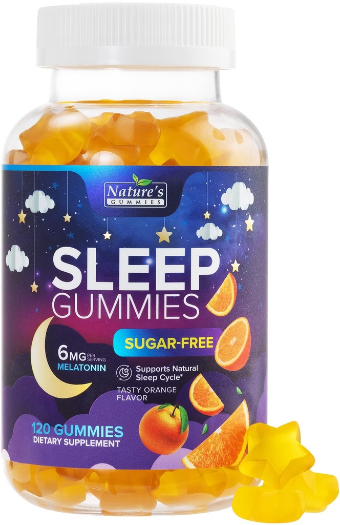 Schlafgummis 6mg pro Servierung - Sugar Free Melatonin Gummy Supplement für Erwachsene - Natural Zero Sugar Sleeping Gummy für Erwachsene & Kinder, Orange Flavored, Extra Strength Sleep Support - 120 Gummis