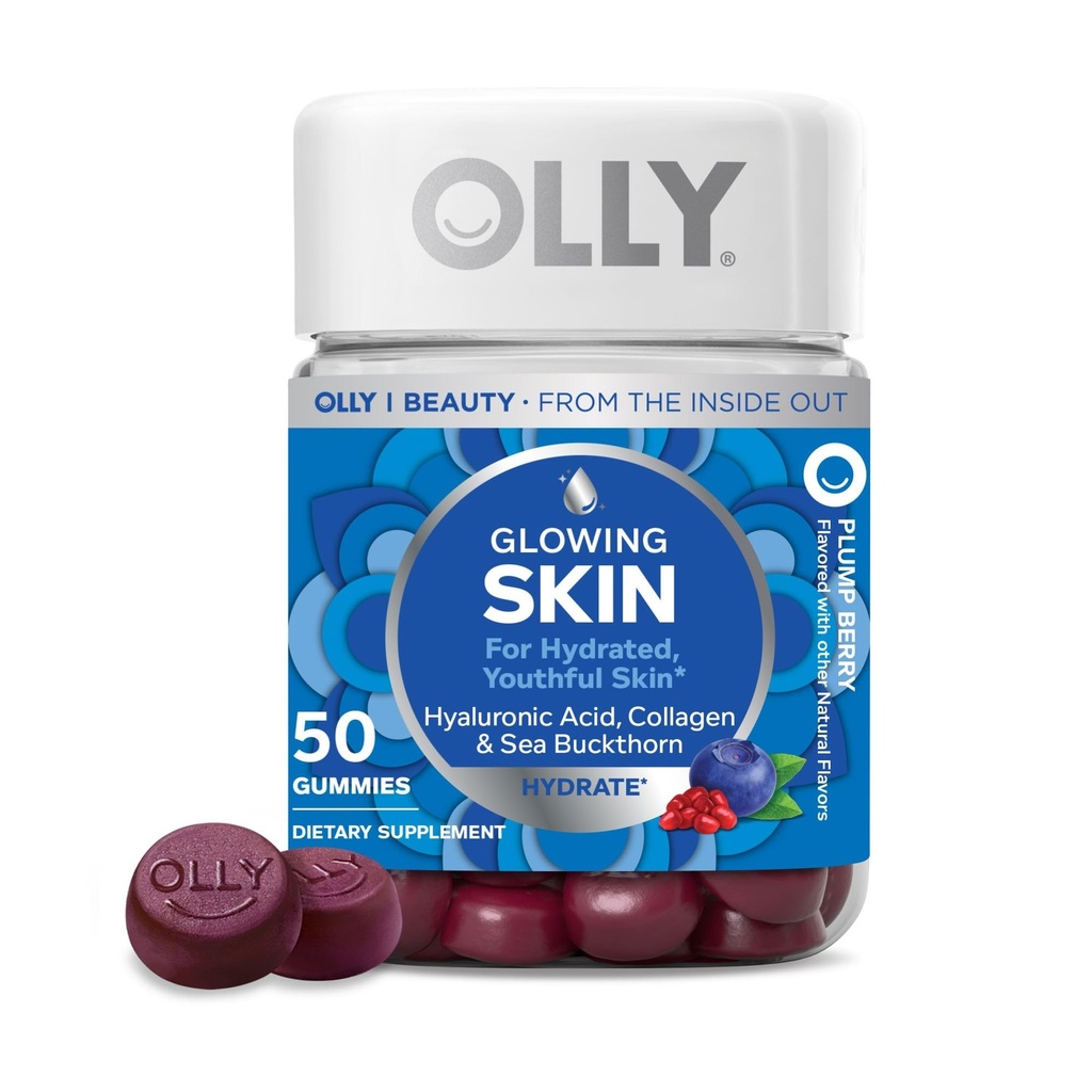 OLLY Glowing Skin Gummy, Hydrated & Youthful Skin,* Hyaluronsäure, Collagen Peptide, Sea Buckthorn, Plump Berry Flavor, 25 Day Supply - 50 Count