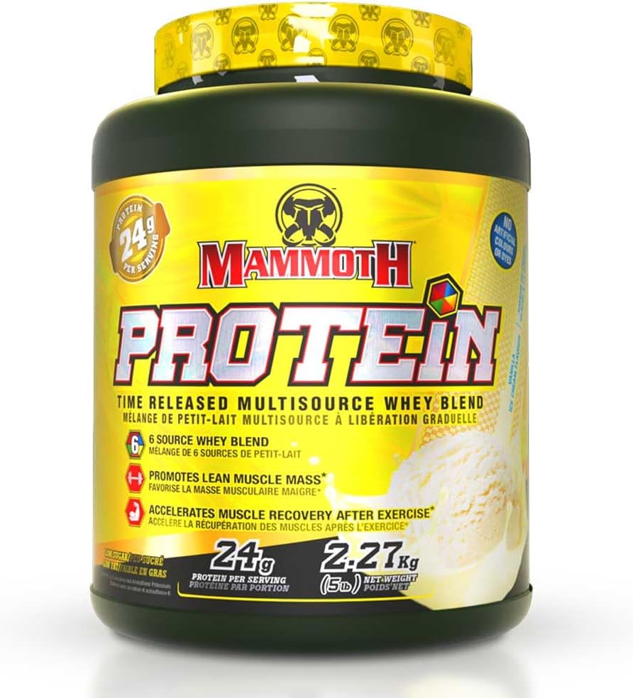 MAMMOTH PROTEIN POWDER, HIGH PROTEIN SHAKE, SUPERIOR TIME-RELEASE FORMULA, WHEY PROTEIN CONCENTRATE & ISOLATE, HYDROLYZED WHEY & MILK PROTEIN ISOLATE, CASEIN, 6 BIOAVAILABLE DAIRY PROTEIN SOURCen, LOW LUGAR, Vanila, 5