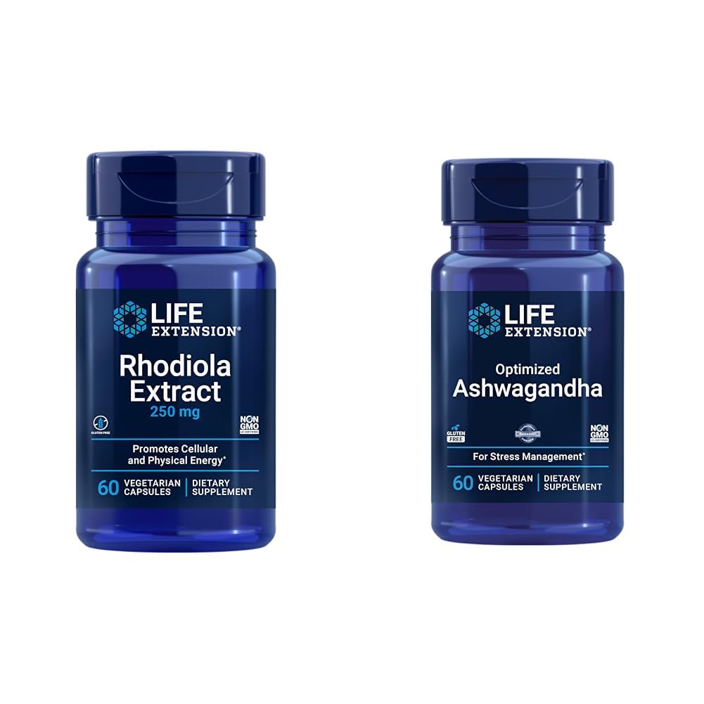 Life Extension Rhodiola and Ashwagandha Extract Bundle, Rhodiola rosea and ashwagandha Supplements, 60 Capsules Each
