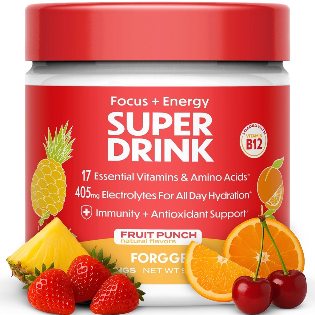 Forgge Healthy Energy Drink Powder Mix - Clean Caffeine + B12, B6, C & D Vitamine - Zuckerfreies Energy Drink Powder mit Elektrolyten, Aminosäuren, Antioxidantien, Lions Mane - Vegan, Keto-Friendly - 30 SVG, Fruit Punch