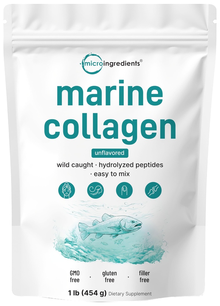 Micro Ingredients Marine Collagen Peptides Powder, 1 lb | Typ I Marine Collagen + Natural Protein | Wild-Caught Fish Source | Unflavored | Unterstützt Haar, Haut und Gelenke Gesundheit | Pescatarian, Non-GMO