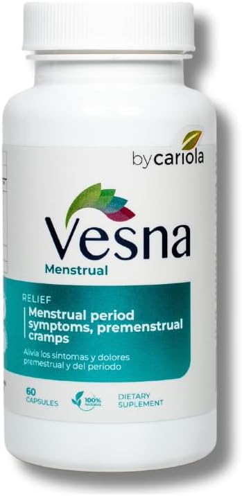 VESNA Menstrual Support Supplement Capsules - Menstrual Cycle Support - Mood Support - Cramps & Bloating Relief - Komfort Während Menstruationszeit - Black Cohosh - Teufelskralle - Turmeric - 60 Caps