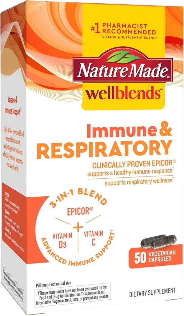 Natur gemacht Wellblends Immun- & Respirator, EpiCor Postbiotic, Vitamin C, Vitamin D3, Advanced Immun Support Supplement, 50 Vegetarische Kapseln