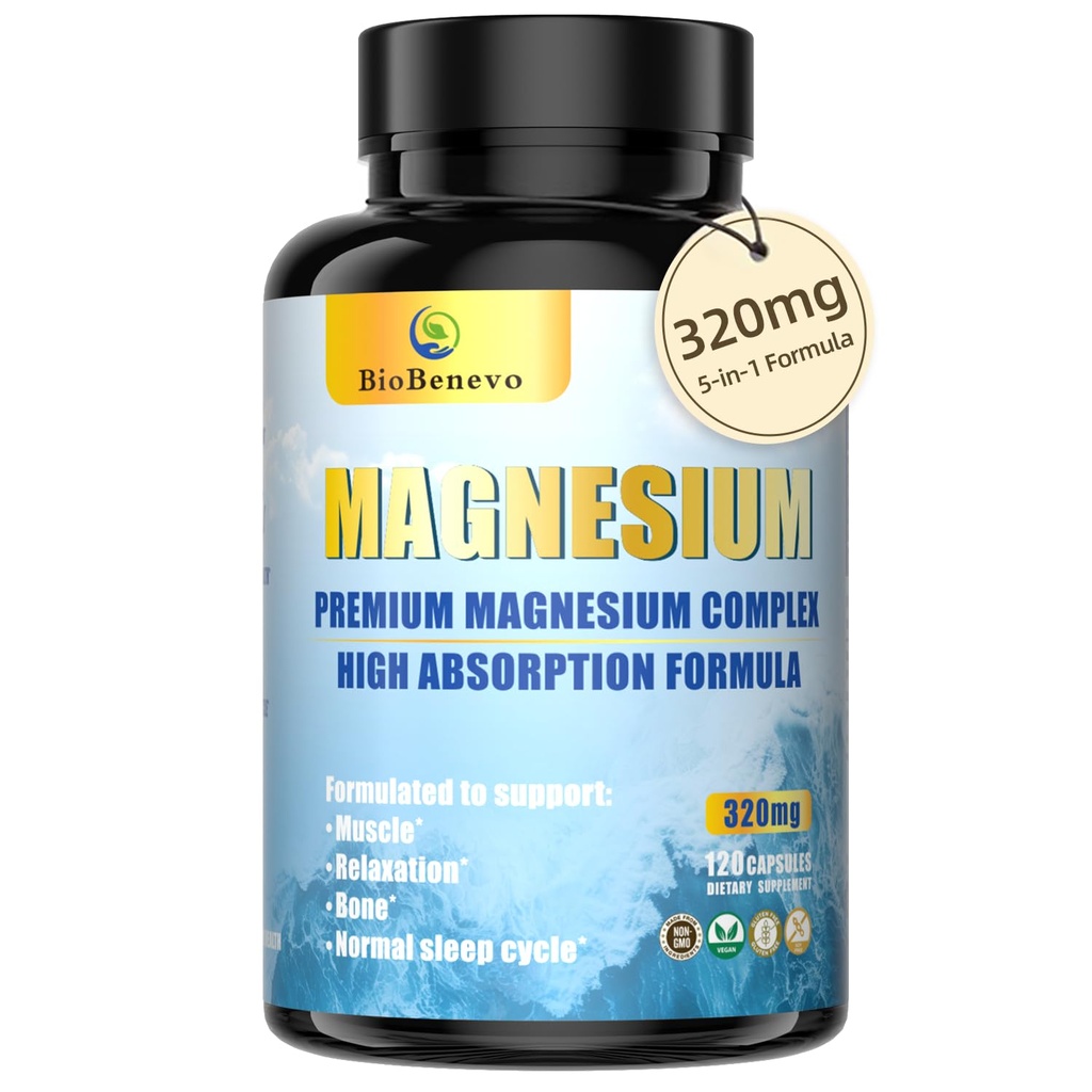 5-in-1 Magnesium Complex | 320mg Magnesium Glycinat, Malat, Citrat... | Unterstützung für Schlaf, Muskelentspannung und Energie Metabolismus | Hohe Absorption | Vegan, Non-GMO | 120 Kapseln