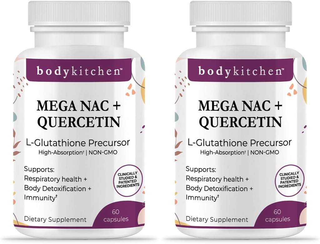 Body Kitchen Mega NAC (N-Acetyl Cystein) 600 mg mit Quercetin, unterstützt Atmungsaktive Gesundheit und Immunfunktion und fördert Leber- und Kidney Detox, Veggie Caps, (Pack von 2)