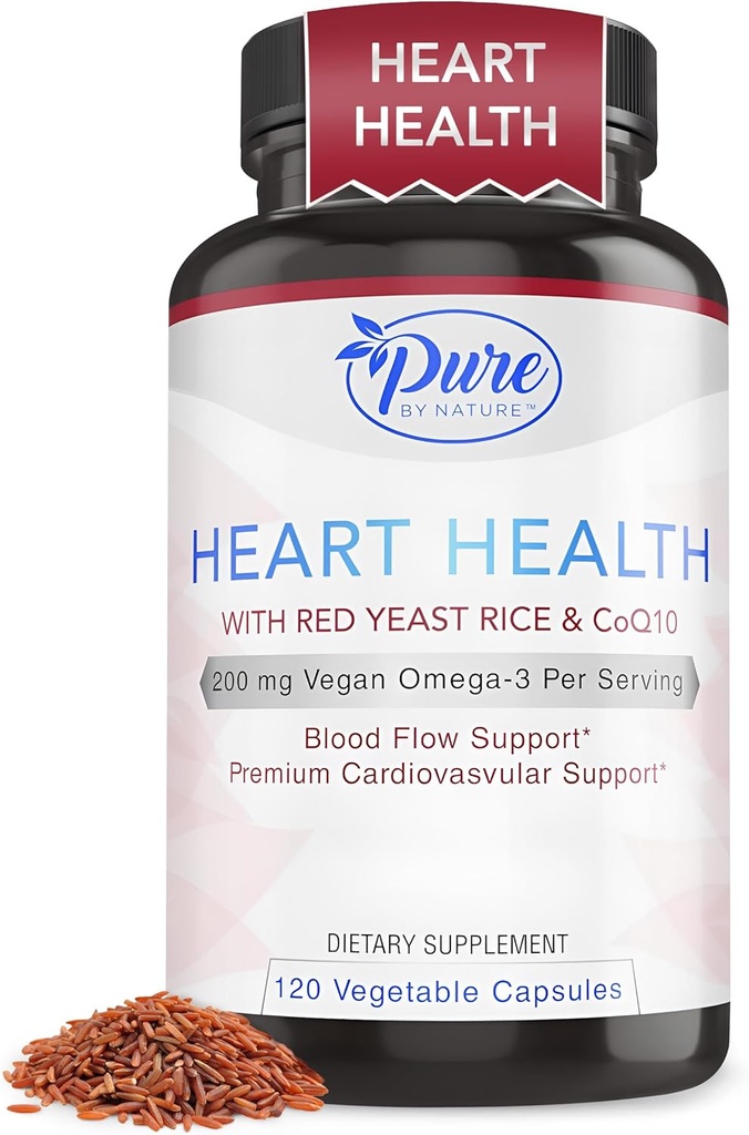 Rein von Natur Rote Hefe Reis mit CoQ10 Ergänzung für Männer & Frauen, 200mg Vegan Omega 3 Pro Servieren, Glutenfreie Non-GMO, 120 Kapseln