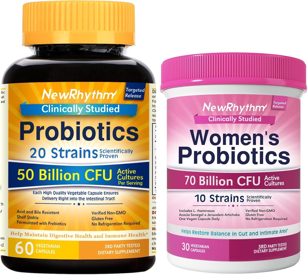 NewRhythm Gut & Feminine Health Bundle, Probiotics 50 Billion CFU & Women's Probiotics 70 Billion CFU, Daily Gut Health & Feminine Care, 90 Kapseln Gesamt (Pack von 2)
