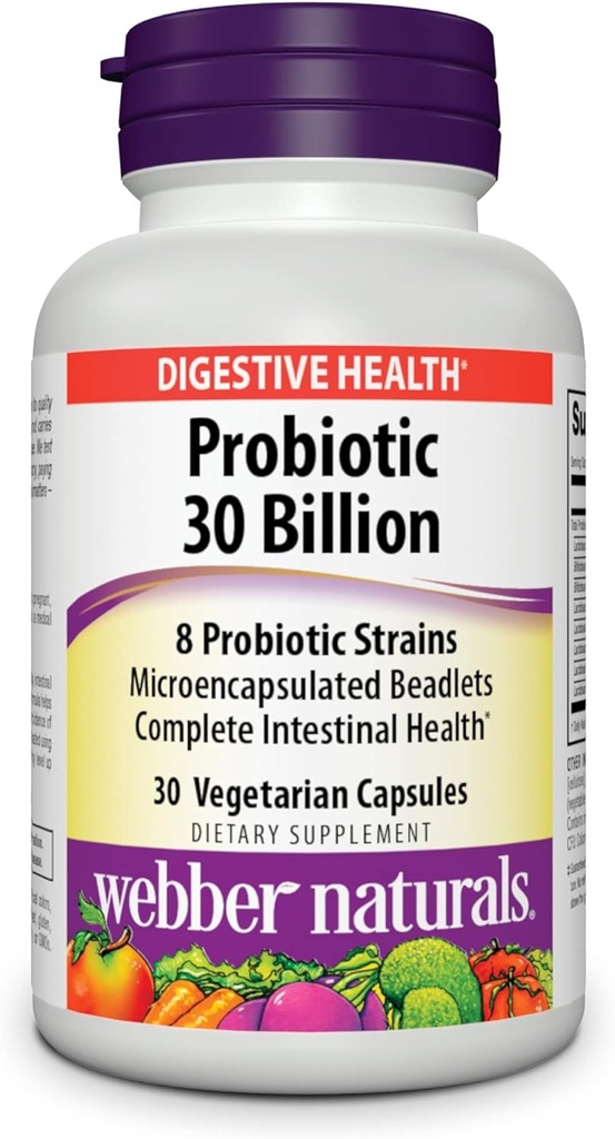Webber Naturals Probiotics, hohe Potenz, 30 Billion CFU, für Männer, Frauen und Erwachsene, Regal Stabil (keine Refrigeration erforderlich), 8 Probiotische Strains, 30 vegetarische Kapseln, für Verdauungsgesundheit