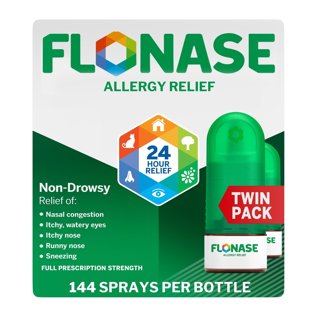 Flonase Allergy Relief Nasenspray, 24 Hour Non Drowsy Allergy Medicine, Metered Nasal Spray - 144 Sprays (Pack von 2) - Fall and Seasonal Allergy Relief
