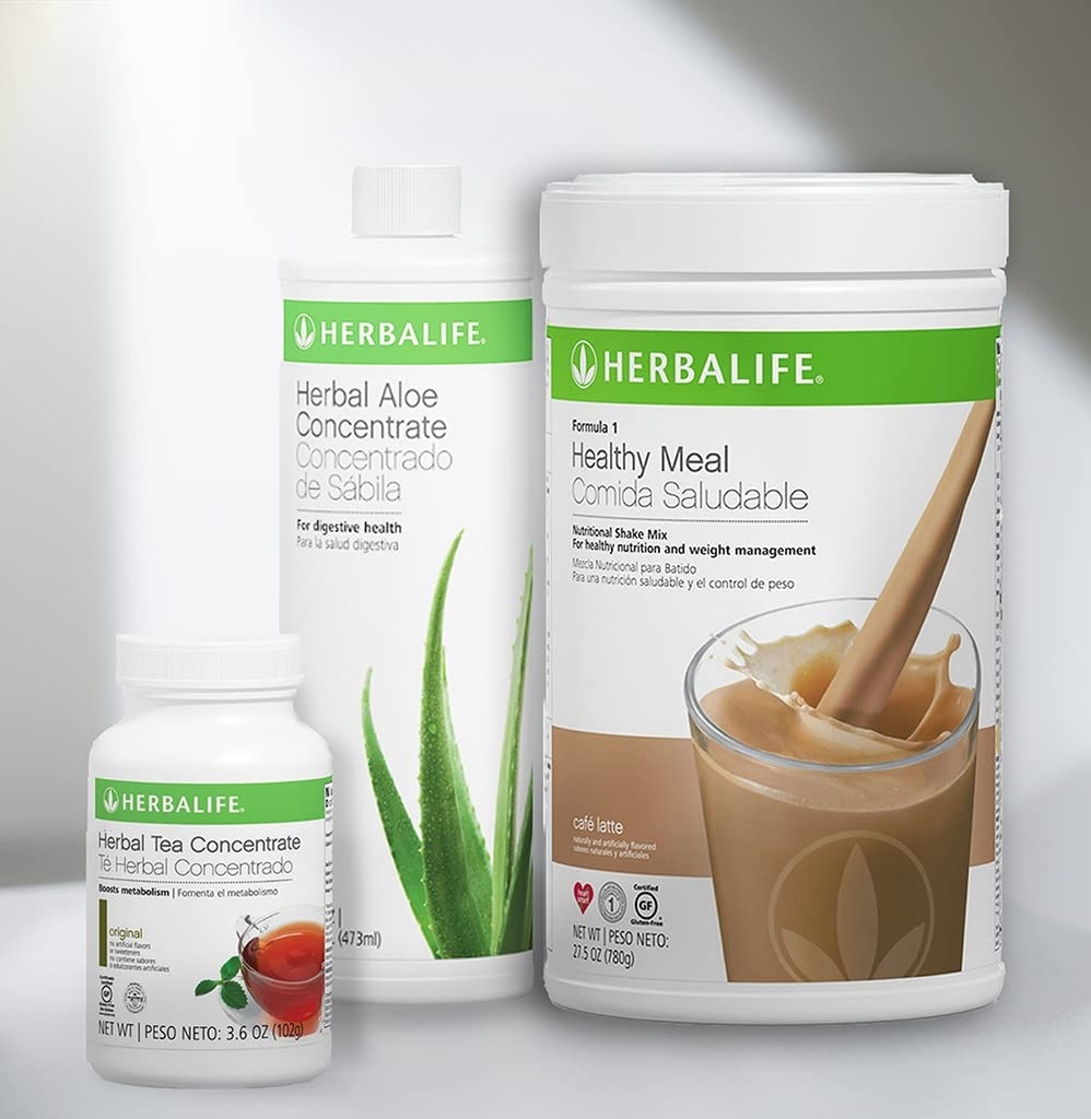 Trio Combo HERBALIFE Formel 1 Gesunde ernährungsphysiologische Shake Mix (Cafe Latte 780g)-Herbal Aloe Konzentrat Pint (Original 473ml) - Kräutertee Konzentrat (Original 102g)