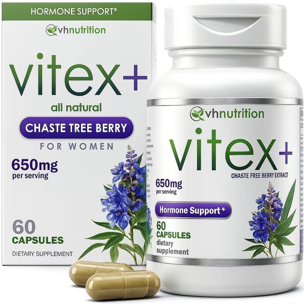 VH Nutrition VITEX+ | Vitex Chasteberry Supplement für Damen | Hormonelle Balance* und Fruchtbarkeitsunterstützung* | 650mg Pro Servierung von Vitex Berry Extract Powder | 60 Kapseln