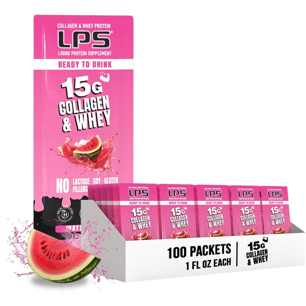 Ernährungsdesigns LPS Liquid Collagen & Whey Protein Supplement - Non-GMO Drink, Sugar-Free - Promotes Gesunde Haut & Haar für Männer & Frauen, Wassermelone, Single Serve (100 Packungen)
