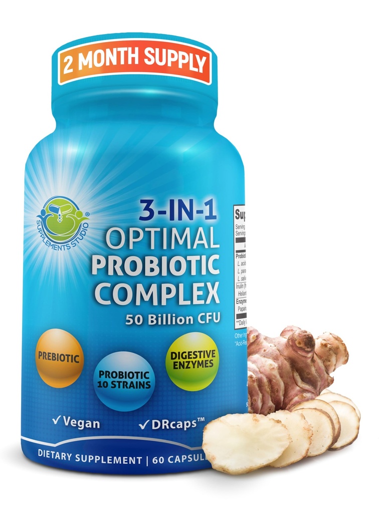 Probiotika mit Verdauungsenzymen und Präbiotikum für Frauen und Männer - 3-in-1 Vegan Probiotic Prebiotic Multi Enzyme Complex for Gut Health - Maximum Absorption Delayed-Release Capsules