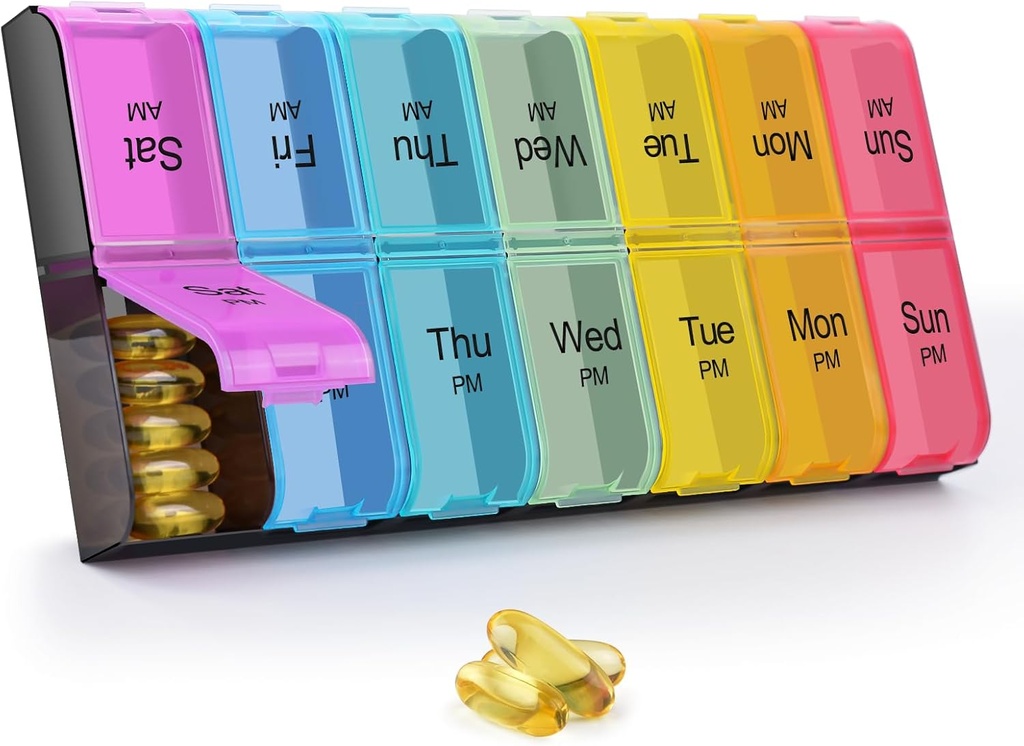 GREENCYCLE Extra große wöchentliche Pille Organizer 2 mal pro Tag,7 Tage Pille Box AM PM Medizin Planner Dispenser Case mit XXL Compartment Home Pille Behälter für Vitamine Fischöl Ergänzungen (Rainbow)